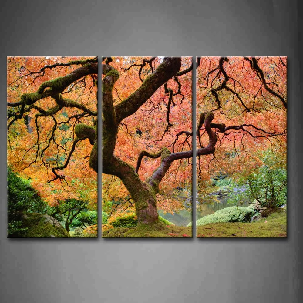 

3 Pics Framed Wall Art Pictures Maple Tree Leaf Fall Canvas Print Artwork Botanical Posters With Wooden Frames For Decor
