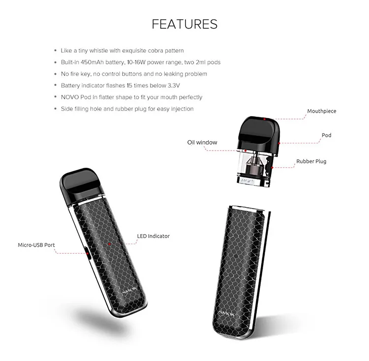 SMOK Novo комплект Cobra Covered Pod Vape Pen kit 450 мАч встроенный аккумулятор 2 мл емкость Pod E cigaretteVS SMOK Novo 2 комплект