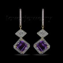 Твердые 14Kt Золото Алмаз Аметист висячие серьги Помолвочные серьги принцесса 7 мм ESR012