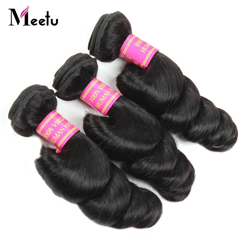 

Meetu Hair 3 Bundles Indian Loose Wave Human Hair Weave Bundle Non-Remy Hair Extensions Natural Black Double Weft No Shedding