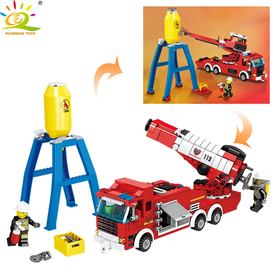

440PCS Fire High Shoot Water Cannon Gun Car Vehicles Building Blocks Compatible legoingly Firefighter Figures Bricks Toys Child