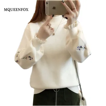 

Autumn Sweater Women 2019 Vintage Embroidery Knitted Pullover Sweater Female Korean Lantern Sleeve Knitted Sweater Jumper Tops
