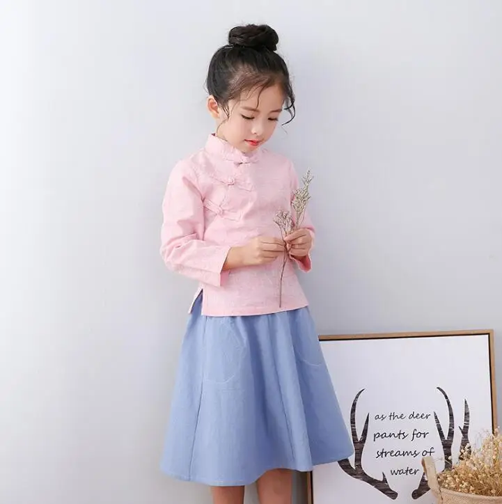 Китайские традиционные костюмы ханьфу для детей Обувь для девочек Косплэй производительность Топы+ юбка 2 шт./компл. Костюмы комплект Bebes детская одежда - Цвет: 1