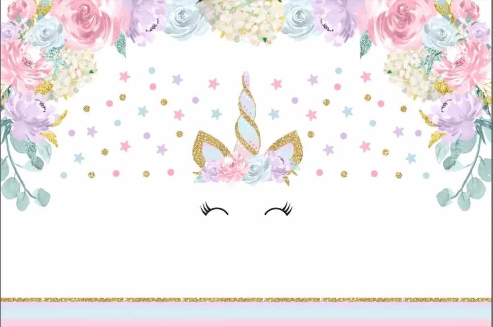 7x5FT Pink Flowers Branch Gold Unicorn Face Stars Polka Dots Custom