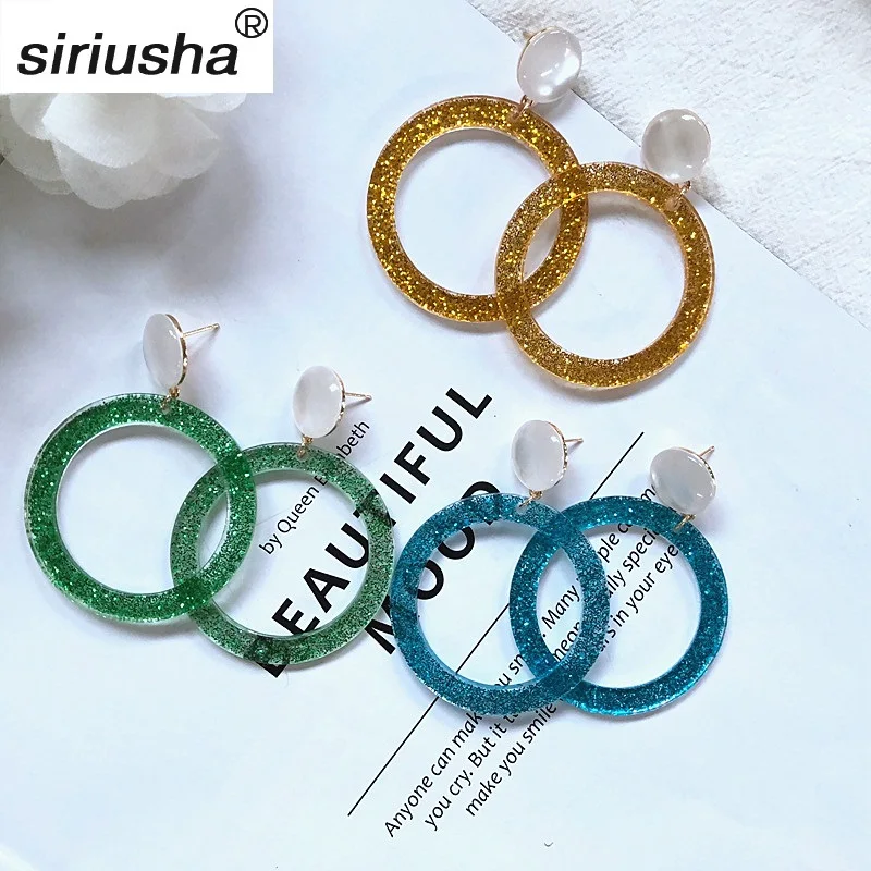 

Resin Acrylic Sequin Gold Powder Round Earrings Strong Motion Three Colors + White Simulated Opal /Exaggerated Euro Style S043