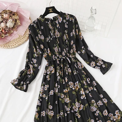Весна, новое французское винтажное платье с цветочным рисунком, рукав три четверти, в горошек, свободное, большой размер, с талией, летнее шифоновое платье 637 - Цвет: hanguo black