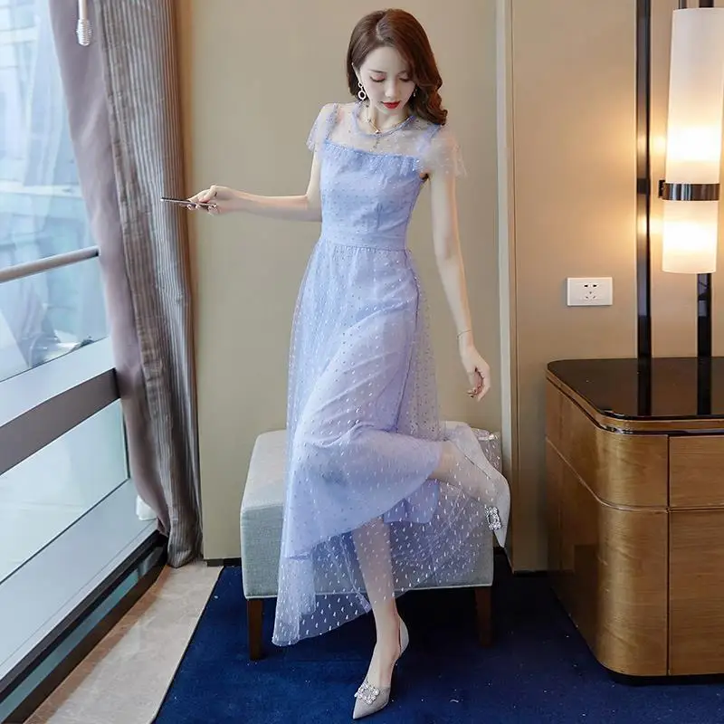 

Women Summer Tulle Dress 2019 Vintage Dot Blue Tank Dresses