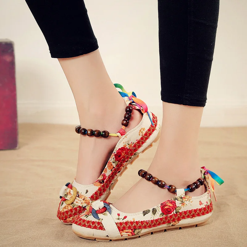Buy Women Embroidered Cotton Flats Handmade Beaded Ankle Straps Flats Retro