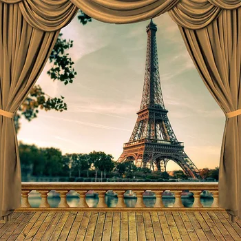 

Digital Printed Brown Curtain Wall Backdrop Photography Tree Leaves Sky Eiffel Tower Stage Wedding Photo Background Wooden Floor