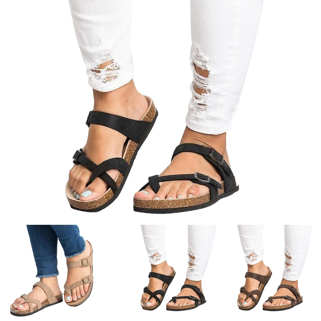 

Women's Ladies Summer Strap Ankle Buckle Flat Sandals Roman Shoes Slippers Solid Colros Clip Toe Gladiator slip-on flat 3 color