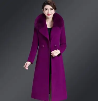 Новинка, зимнее женское Шерстяное Пальто, Женская Модная приталенная длинная кашемировая верхняя одежда с меховым воротником, женское элегантное теплое пальто - Цвет: purple