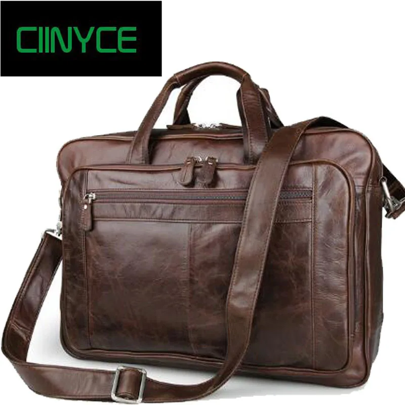 

Real Skin Coffee Genuine Cow Leather Men Messenger Shoulder Bags Cowhide Portfolio Man 17 inch Laptop Handbags Retro Briefcase