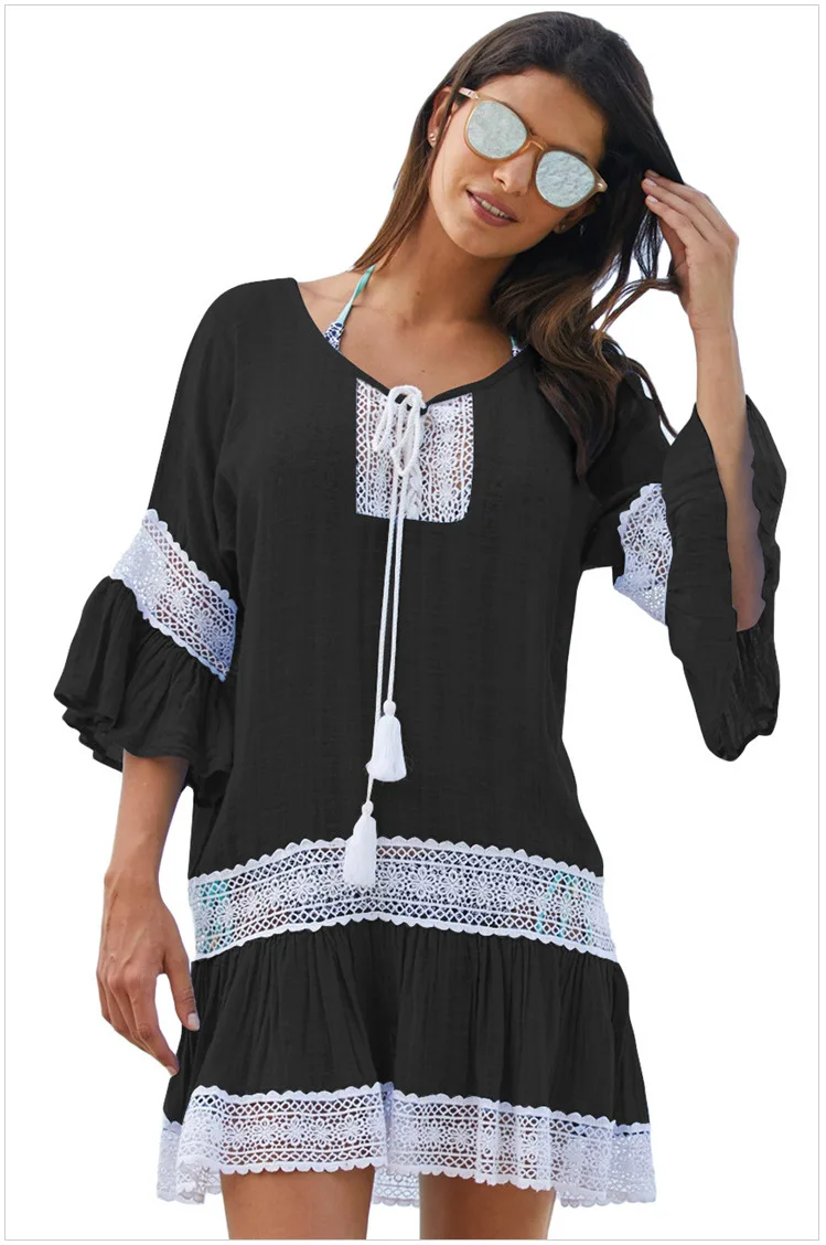Scsech 2018 Summer Women Beach White Dress Half Sleeve V Neck Lace Hollow Out Solid Beach Dress Women Dresses Sundress D8B11  (3)