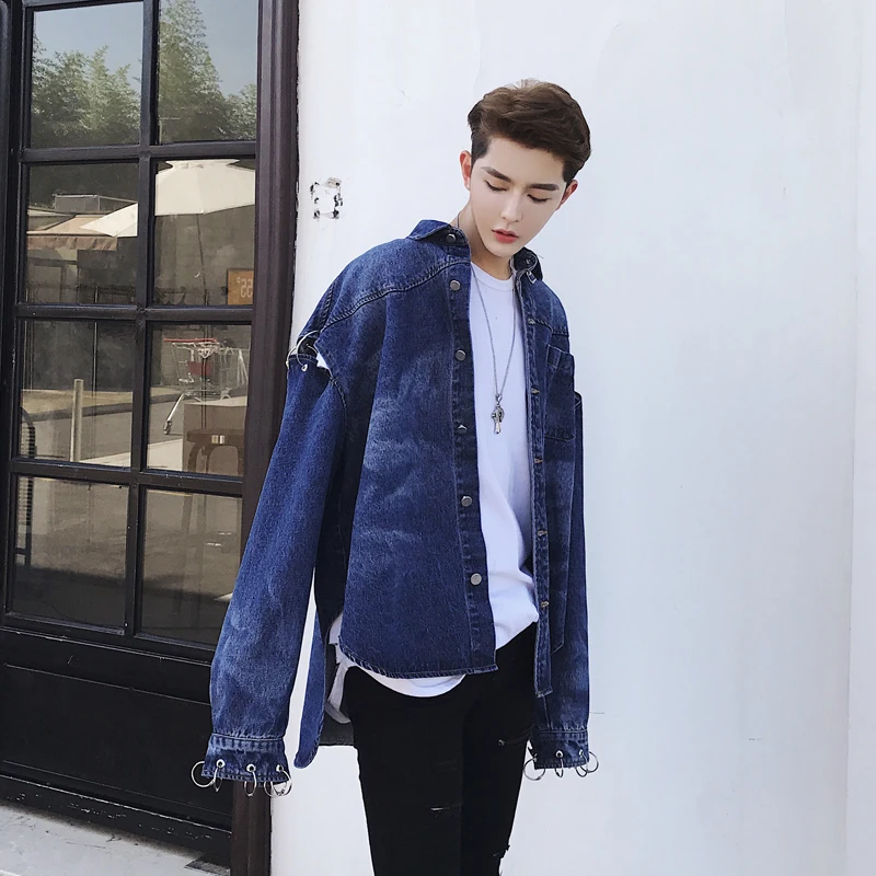 M-XXL! дизайнерская Новая стильная куртка с дырками и длинным рукавом, украшение железным кольцом, популярный логотип, Мужская джинсовая куртка