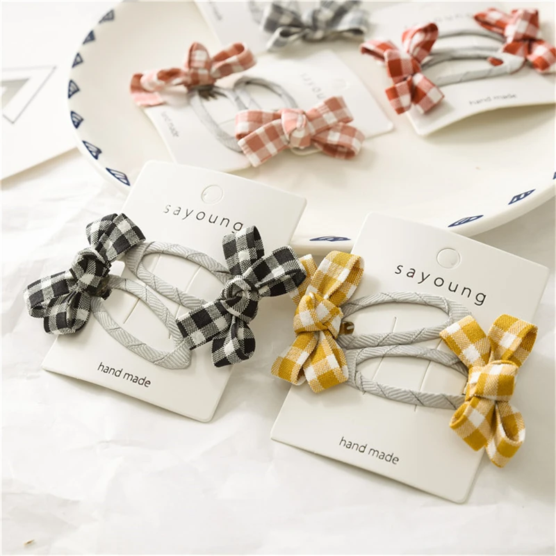 

2pcs/set Korean New Cute lattice Bow Baby Headdress Girls Hairpin Kids BB Hair Clips Children Handmade Boutique Hair Accessories