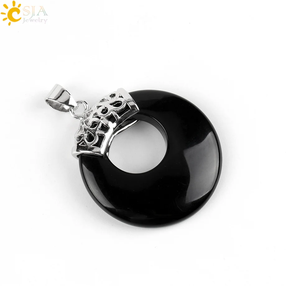 CSJA натуральный драгоценный камень бусины для женщин и мужчин подвески для ожерелья полые круглые veins onyx кристалл тигровый глаз рейки DIY Ювелирные изделия E517 - Окраска металла: Black Agate