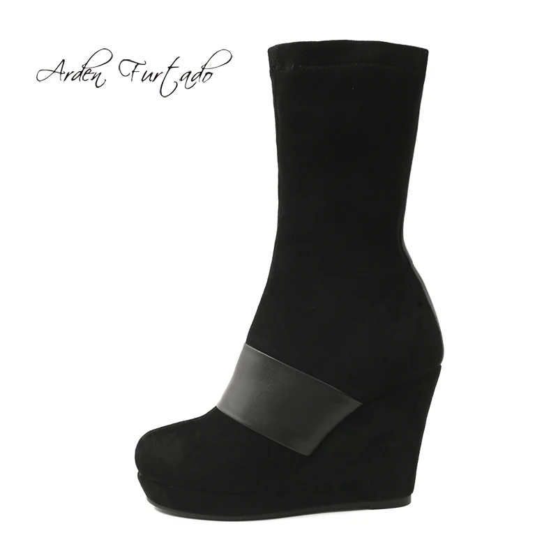 

Arden Furtado 2018 autumn winter fashion platform wedges high heels 9cm mid-calf Stretch boots women's shoes size 33 40 ladies
