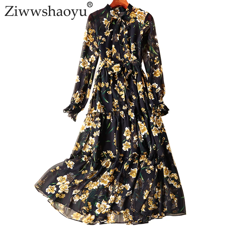 

Ziwwshaoyu Elegant Print Party Chiffon dresses Bow Ruffles temperament Slim dress Spring and summer new women