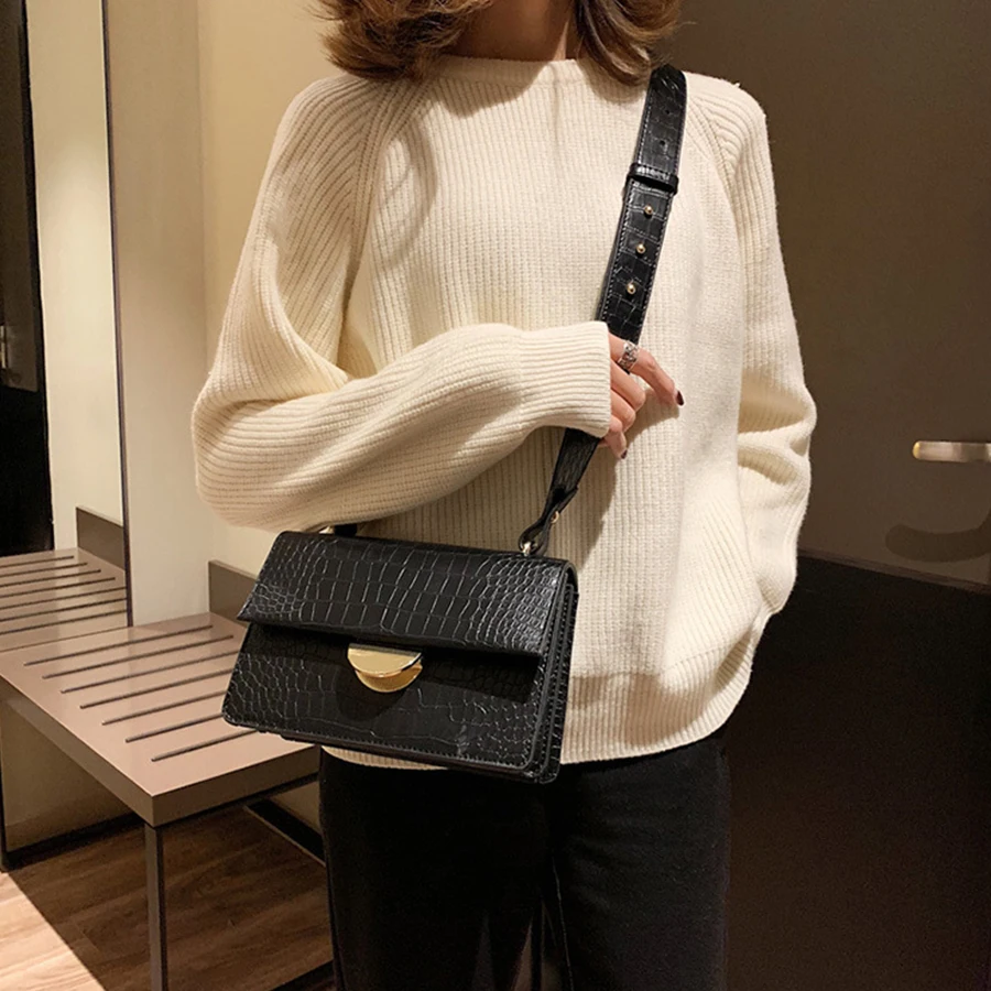

Casual Solid Alligator Crossbody Bags For Women Pu Leather Messenger Bags Women Width Belt Shouler Bag Girls Small Flap Bag New