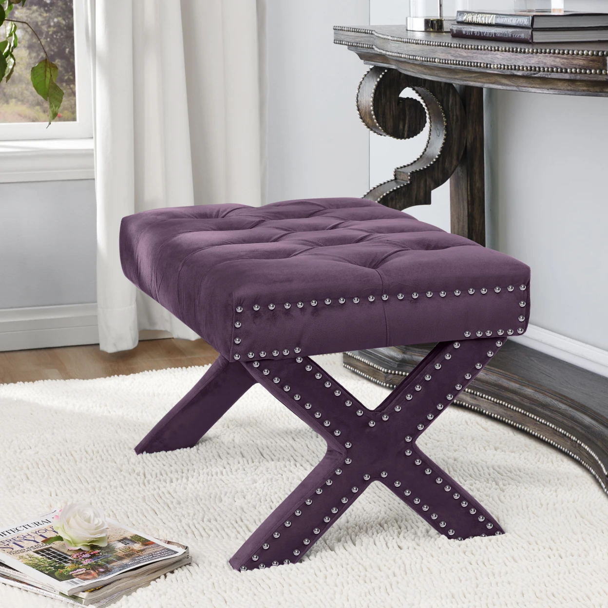 Emma Velvet Button Tufted Ottoman -  X-Legs | Silver Nailhead Trim | Modern & Functional by Inspired Home (1)