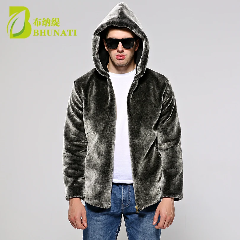 Faux Fur Coat Men Silver Color Winter Warm Soft Comfortable Mink Fur Hooded Jacket 2018 Male Outwear Zipper Coats