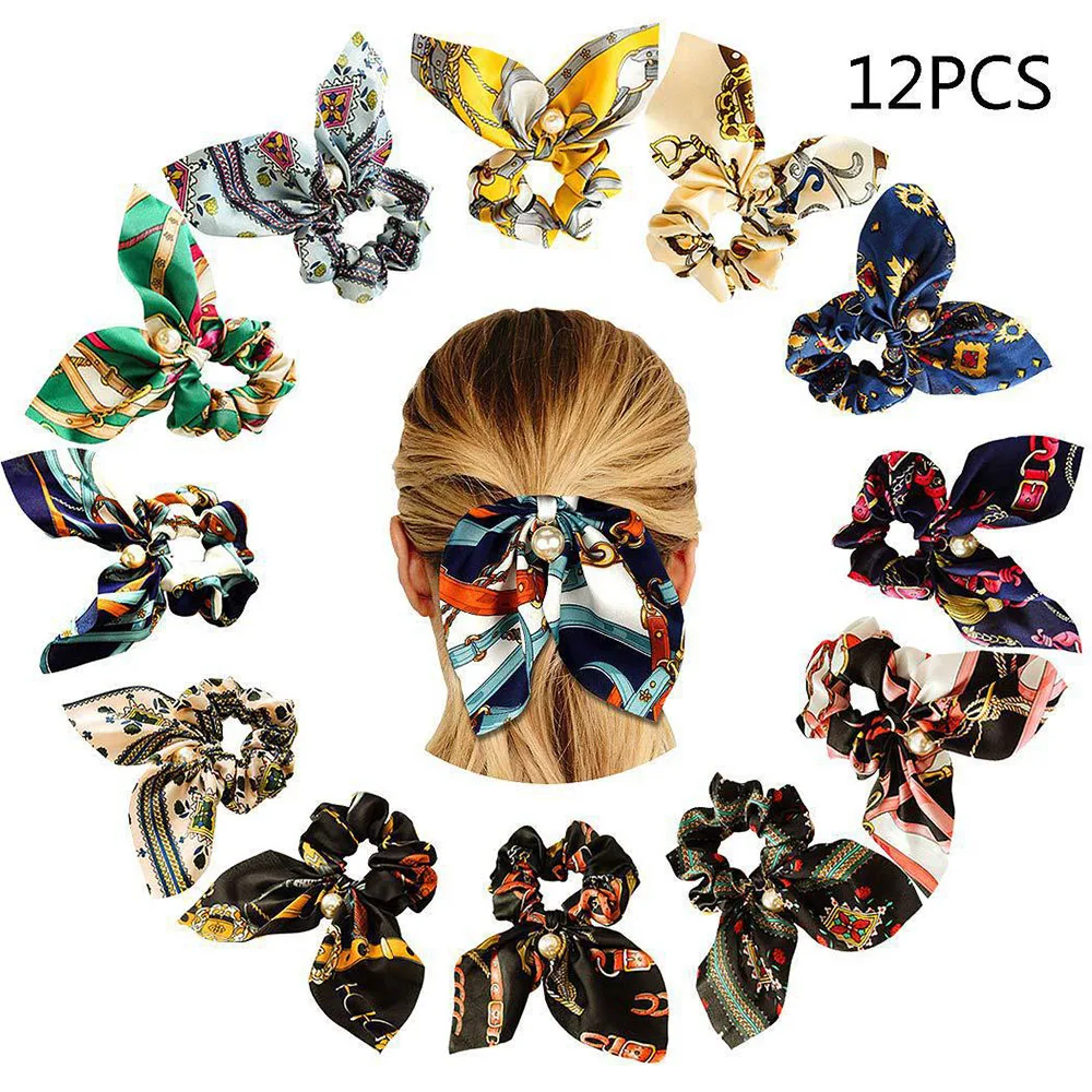 2021 New Chiffon Bowknot Silk Hair Scrunchies Women Pearl Ponytail Holder Hair Tie Hair Rope Rubber Bands Hair Accessories elastic headbands for women