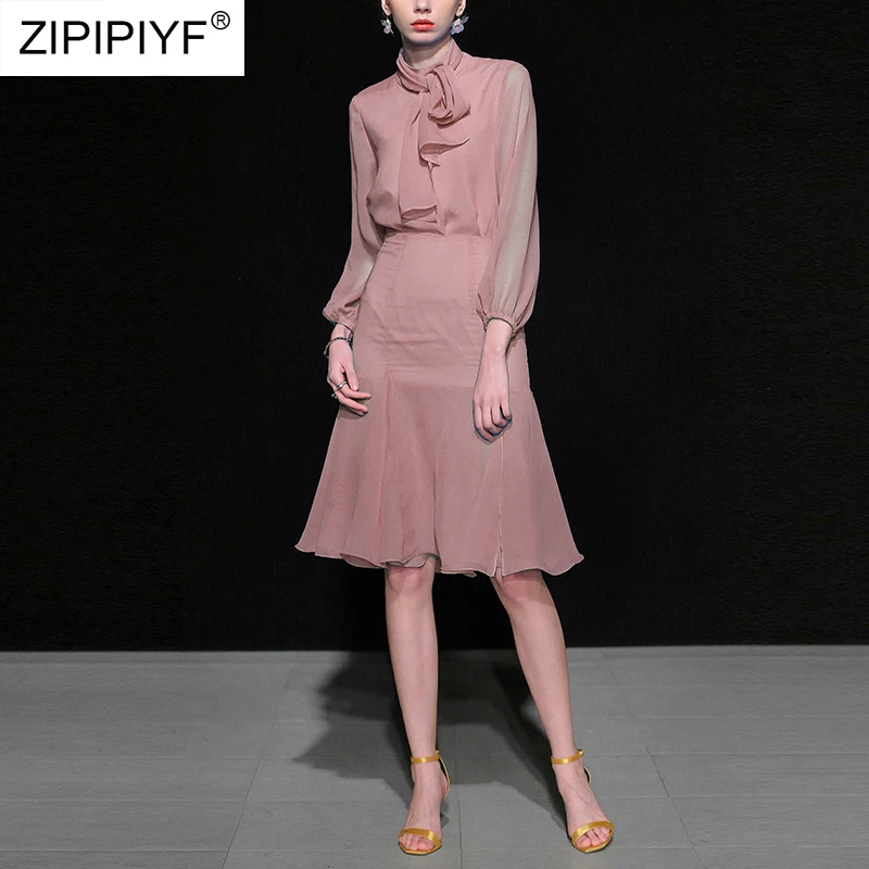 

2019 Spring New Fashion Women Skirts Suit Lantern Sleeve Bownot Shirt & Chiffon Ruffles Skirt Elegant 2 Pieces Set H6615