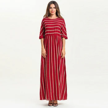 

Middle East simple fashion striped stitching thin round neck short-sleeved dress Muslim Dubai thin robes loose long skirt