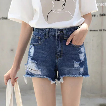 

2019 Summer New Pattern Hole Retro High Waist Loose Casual Denim Shorts Female