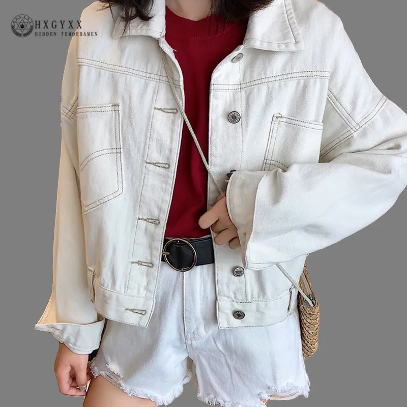 

Korean Casual Loose White Denim Jacket Bomber Woman Streetwear Fashion Single Breasted Basic Jeans Coat Plus Size Outerwear B121