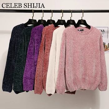 

2019 New Autumn Woman Sweater Chenille Loose O-NECK Long Sleeve Pink Velvet Warm Winter Pullover Female Sweaters PLUS SIZE