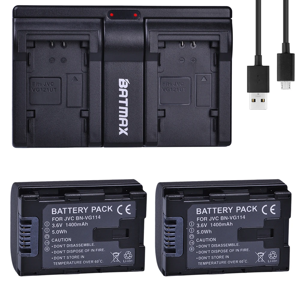 2Pcs 1400MaH BN VG114 Battery + Dual USB Charger for JVC BN VG107 BN