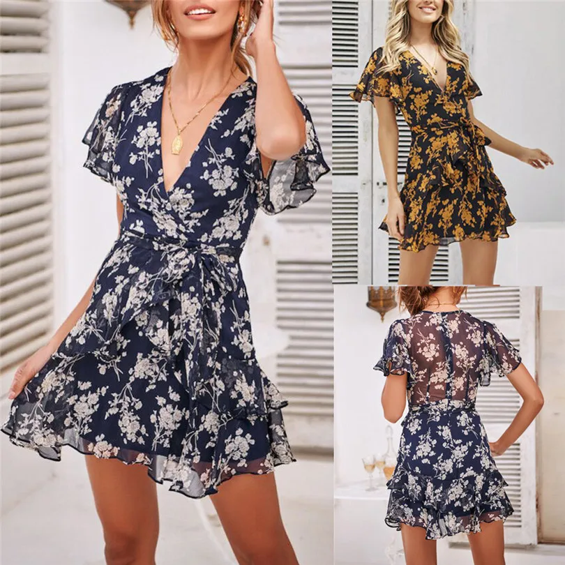  Women Summer Dress Boho Sexy Elegant Casual Floral Print V-Neck Bandage Mini Dress Ladies Sexy Party Dress #4A22 (1)