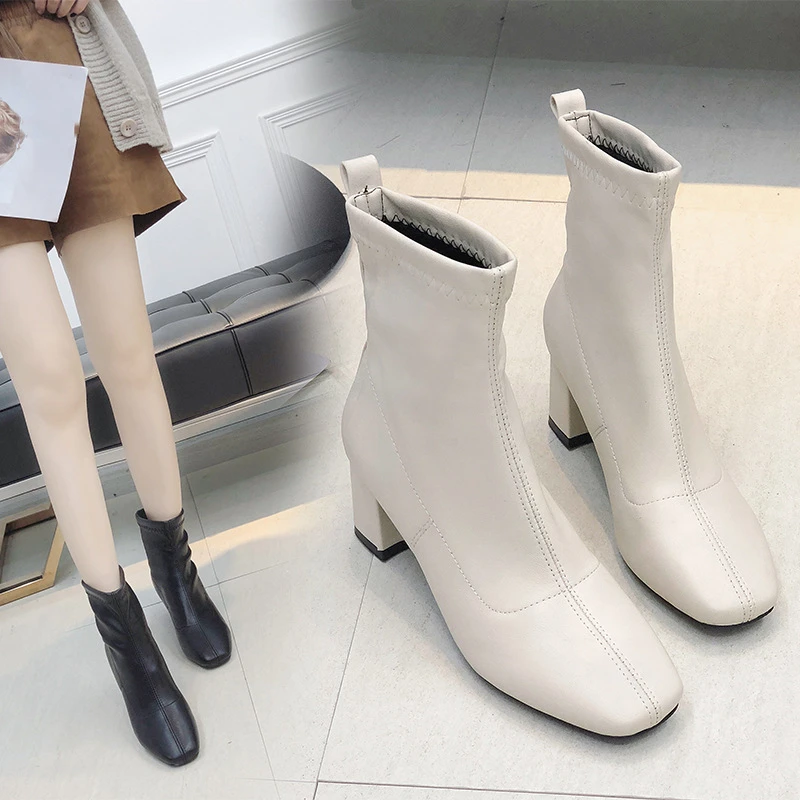 

2019 New Women Spring Autumn 4.5cm Square Heel PU Ankle Boots Ladies Fashion Casual Square Toe Slip-On Booties Size 35-39 6O0304
