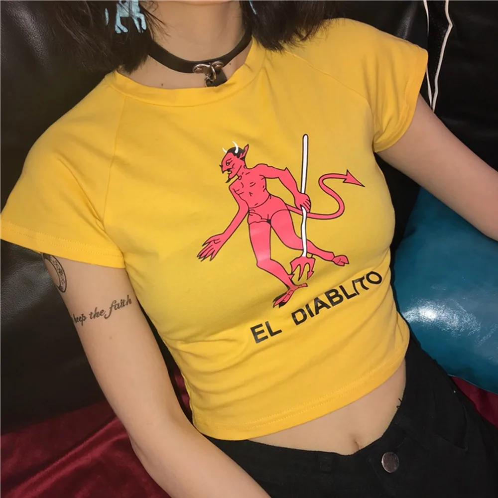 

EL DIABLITO Short Sleeve Cartoon Print T-Shirt Fashion Large Size Harajuku Hip Hop Short Summer Women Cotton O-Neck T-Shirt
