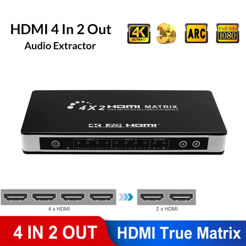 

HDMI Matrix 4x2 Switch Switcher Splitter HIFI Supports Audio HDMI V1.4/3D/4Kx2K FHD IR Remote Control