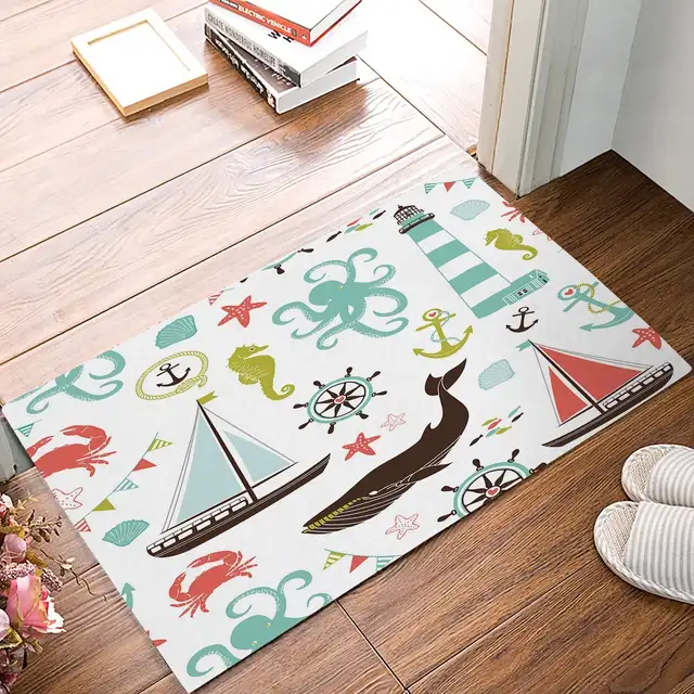 Us 18 29 25 Off Beach Theme Whale Starfish Seashell Boat Tower Anchor Nautical Door Mats Kitchen Floor Bath Entryway Rug Mat In Mat From Home