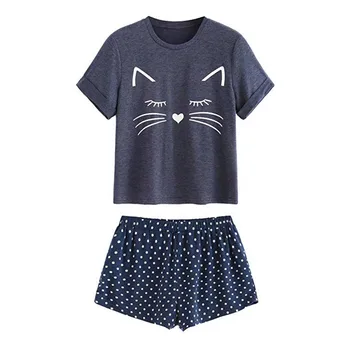 

Sleepwear Pajamas Women's Cat Shorts Short Sleeve Ruffled Sleepwear Nightwear Set Women Sleepwear Lingerie pyjama ete femme #VK