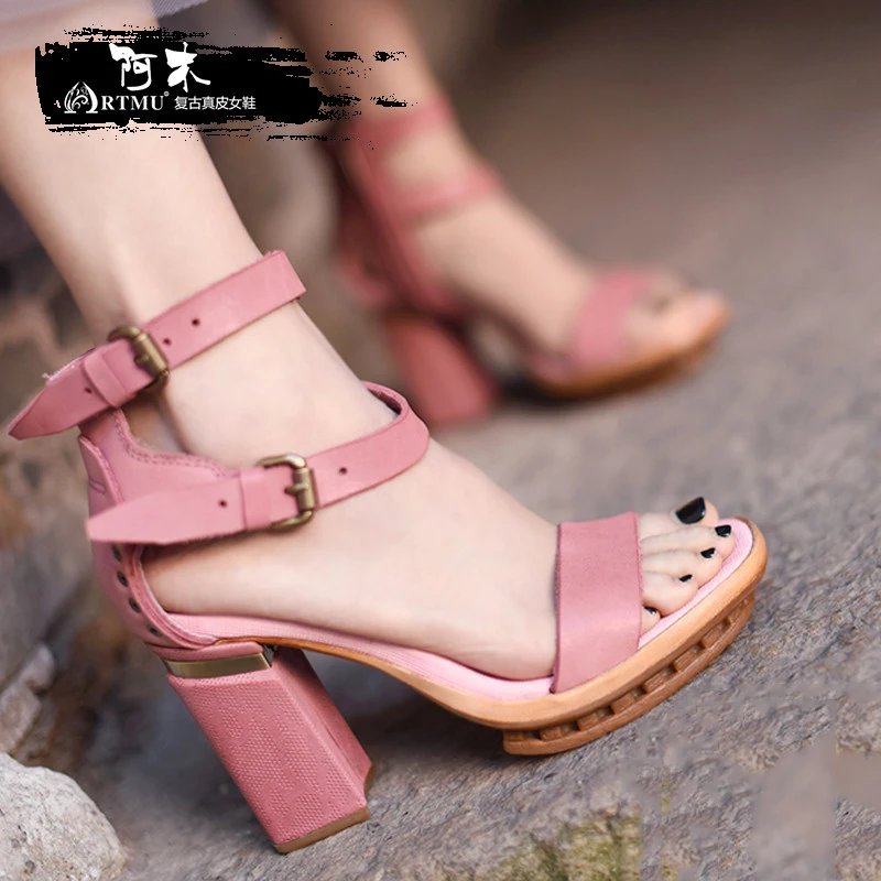 

Artmu Fashion Women's Sandals Shoes 9 cm Super High Heel Handmade Genuine Leather Slippers zapatos mujer 2018 Pink