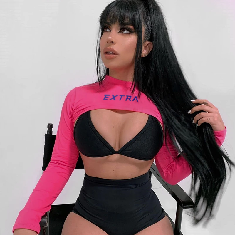 

Fashion Women Long Sleeve Turtleneck Smock Sexy Casual Crop Tops Letter Embroidery Tops 2019 Summer New Streetwear Hip Hop Tops