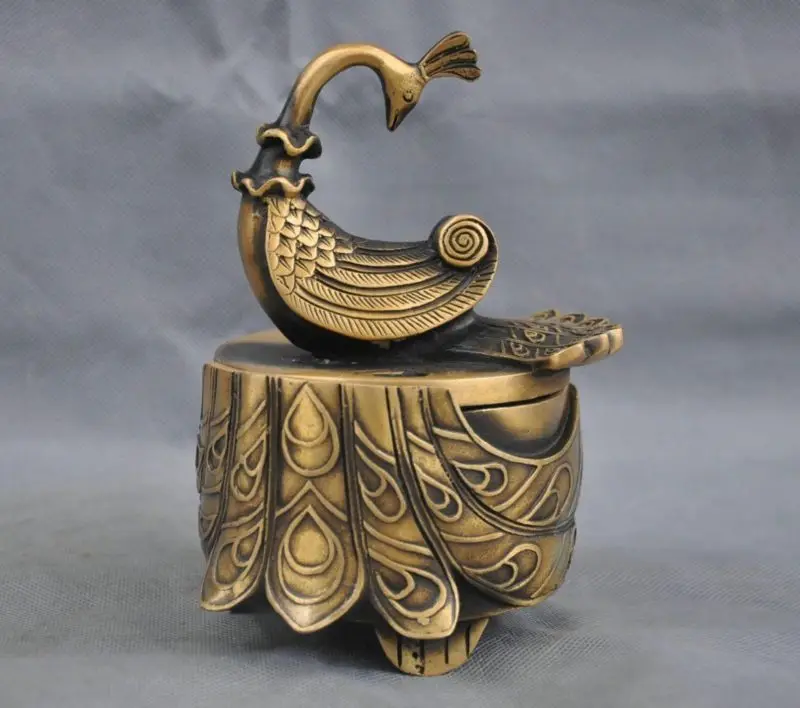 

6'' China Bronze Phoenix Peacock Peafowl Statue Box Incense Burner Censer