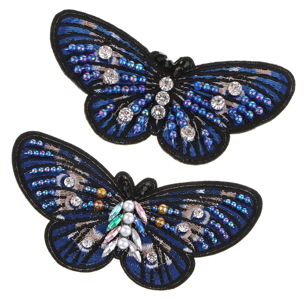 Crystal Pearl Beaded Patches Butterfly Style Clothes Embellishments Embroidery Applique Decorations for Repair/Design