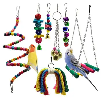

Promotion! Bird Parrot Toys, 7 Packs Bird Swing Chewing Hanging Perches With Bells For Pet Parrot Lovebird Howl Budgie Cockati