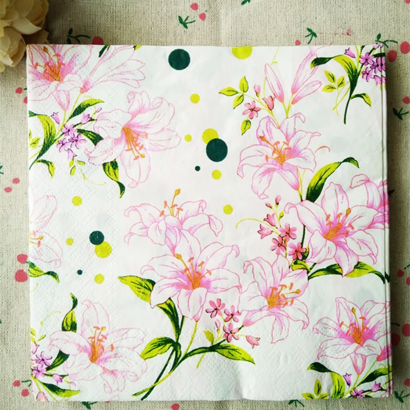 New design table tissue napkins paper printed Pink lily Flower handkerchief decoupage wedding