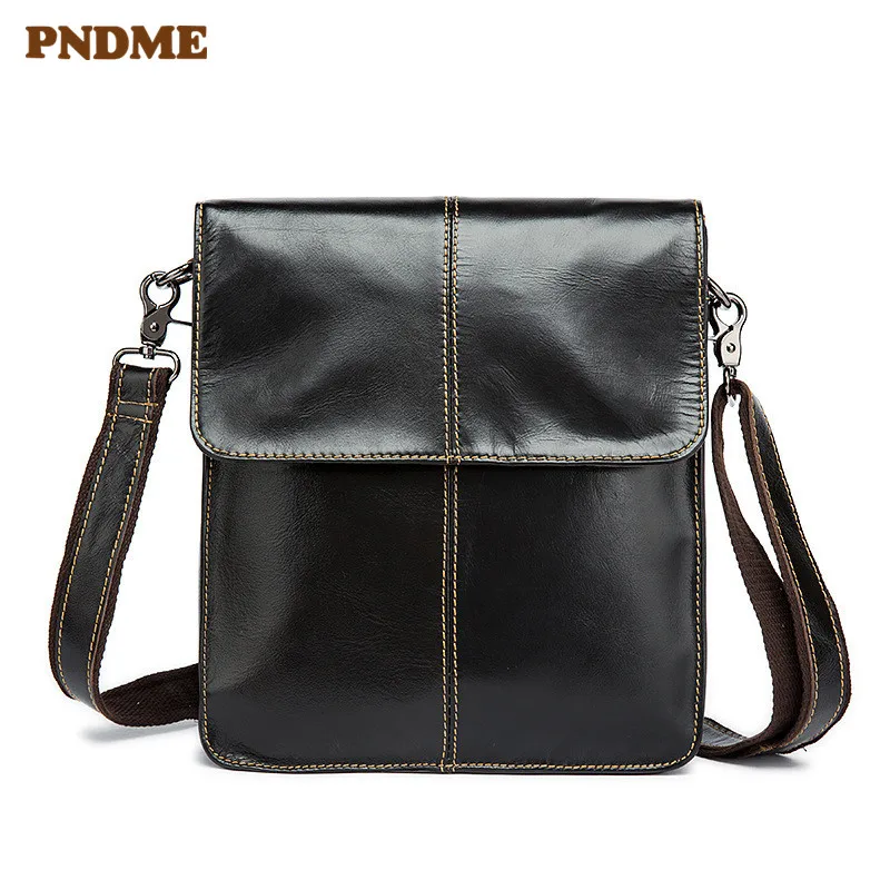 

PNDME vintage genuine leather men's shoulder bag casual simple outdoor daily hasp soft first layer cowhide messenger bags