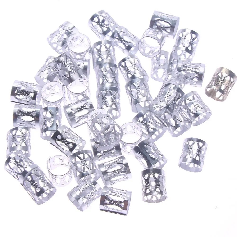 50pcs Fashion Women 8mm Dreadlock Beads Adjustable Hair Braid Rings Cuff Clips Tubes Jewelry Hair Accessories - Цвет: silver