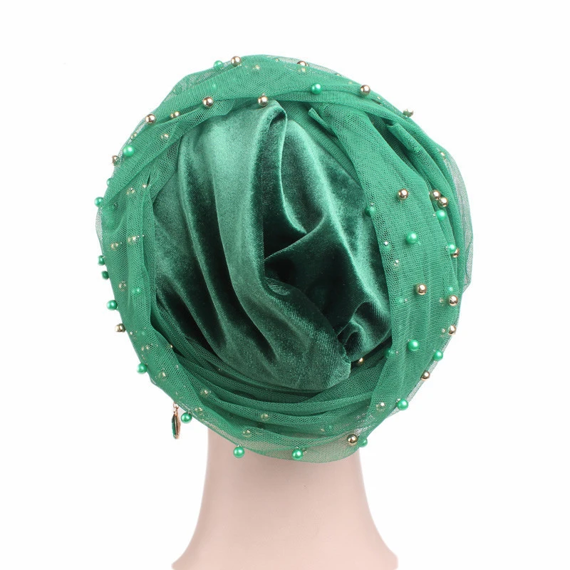 Дизайн мусульманский Skullies& Beanies сетка& бархат шарф шапка для женщин роскошный бренд жемчужный платок африканская шапка тюрбан