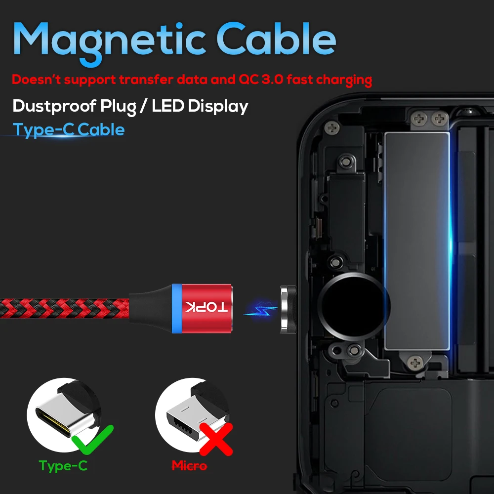TOPK [5 Pack] RLine R Магнитный кабель USB Type C для Samsung Galaxy S9 Plus OnePlus 6 C|Кабели мобильных