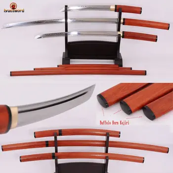 

LYUESWORD JAPANESE SAMURAI SHIRASAYA CLAY TEMPERED HAMON SWORD SET KATANA + WAKIZASHI + TANTO FULL TANG T10 STEEL BLADE OX HORN