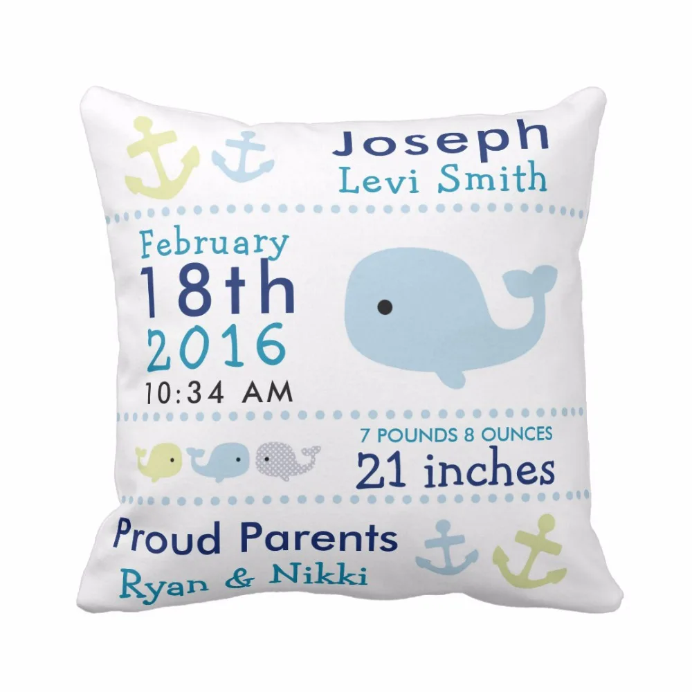 Custom Baby Birth Stats Cute Whale and Owl Throw Pillow Cover Decorative Pillow Case Cotton Polyester Baby Nursery Cushion Cover
